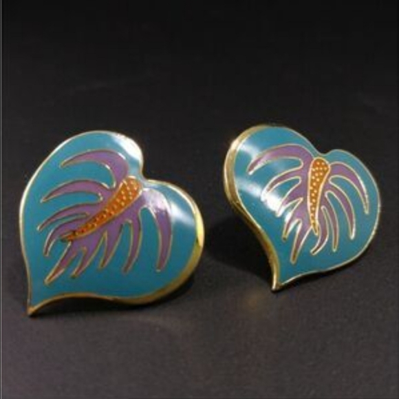 Vintage Laurel Burch Antherium Heart Enamel Goldtone Stud Earrings Jewelry - Picture 3 of 5